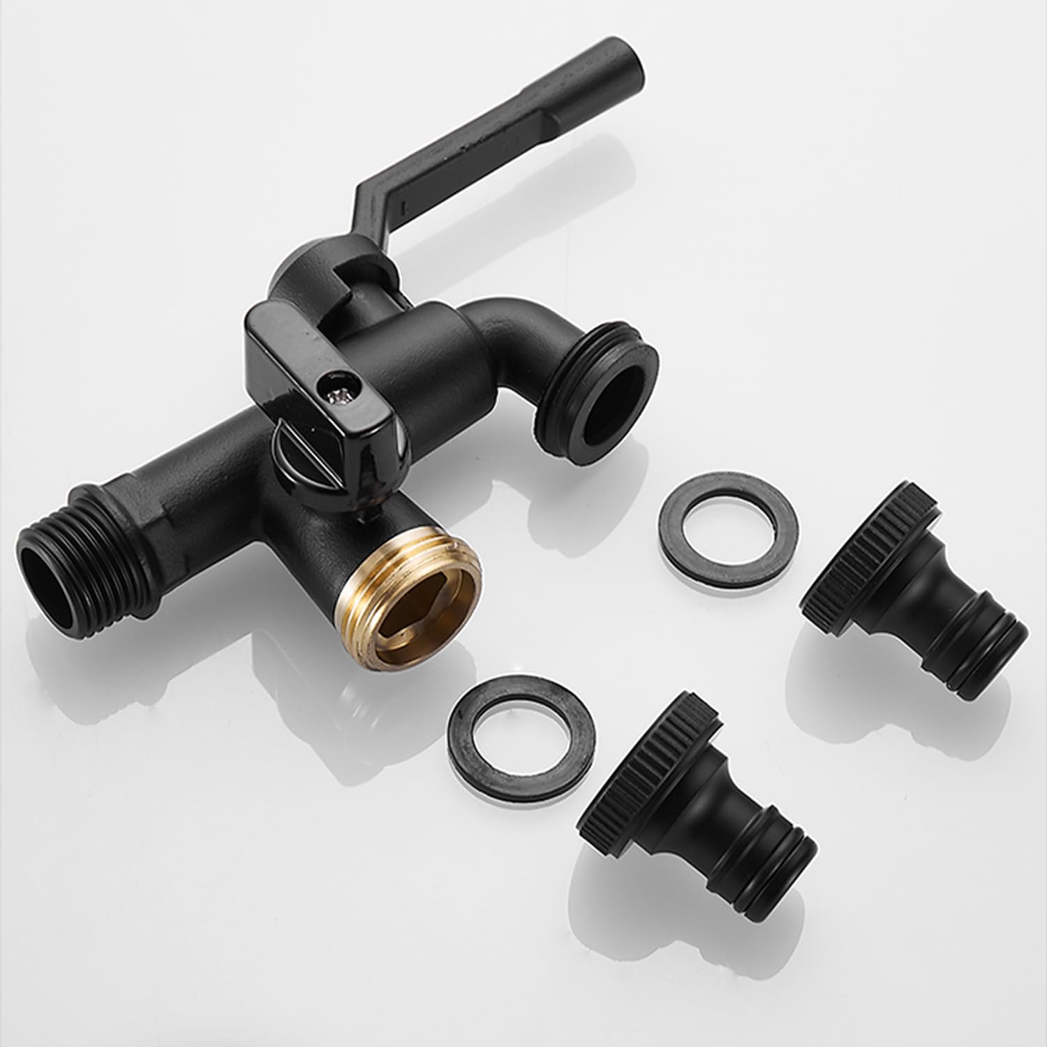 Grifo Jardin Doble, Grifo Exterior de 1/2" con 2 Salidas de 3/4", Latón Negro Anticongelante (-20ºC)＆ SIN GOTEOS, para Riego y Lavado, Negro