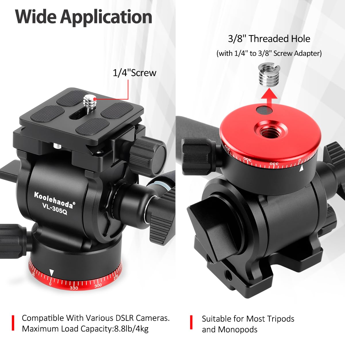 Koolehaoda Trépied Tête Fluide Vidéo Compacte Tête Panoramique Inclinable avec Plaque Arca pour Caméras Vidéo, Appareils Photo sans Miroir et DSLR, Charge 3 kg