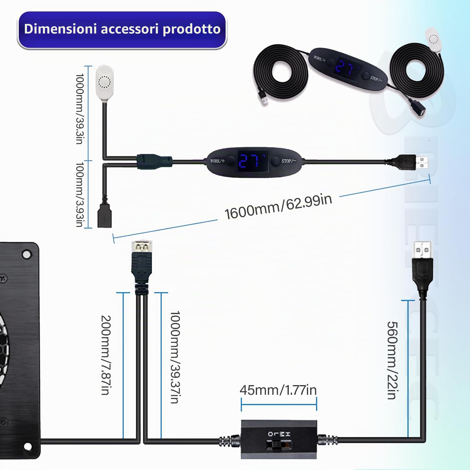 Ventilatore USB 120 mm, Display Digitale, Controllo della Temperatura, Sistema di Ventilazione Silenzioso, Ventola a 5 V, con Moderna Cornice in Alluminio Spazzolato Nero per Armadio AV