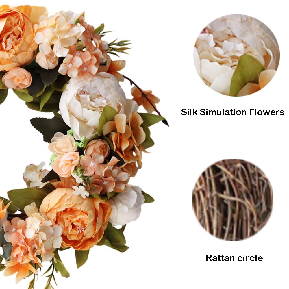Couronne florale de pivoine artificielle en soie - 35 cm - Décoration de porte orange - Pour printemps, été, automne, hiver - Grande couronne pour porte d'entrée extérieure, intérieur, mariage,