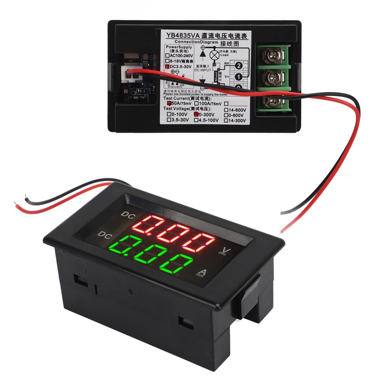 YB4835VA Voltmètre Ampèremètre DC 300V 50A, Double Affichage LED, Étanche et Résistant aux Interférences, pour l'Électromobilité, l'Énergie Solaire et le Contrôle Industriel