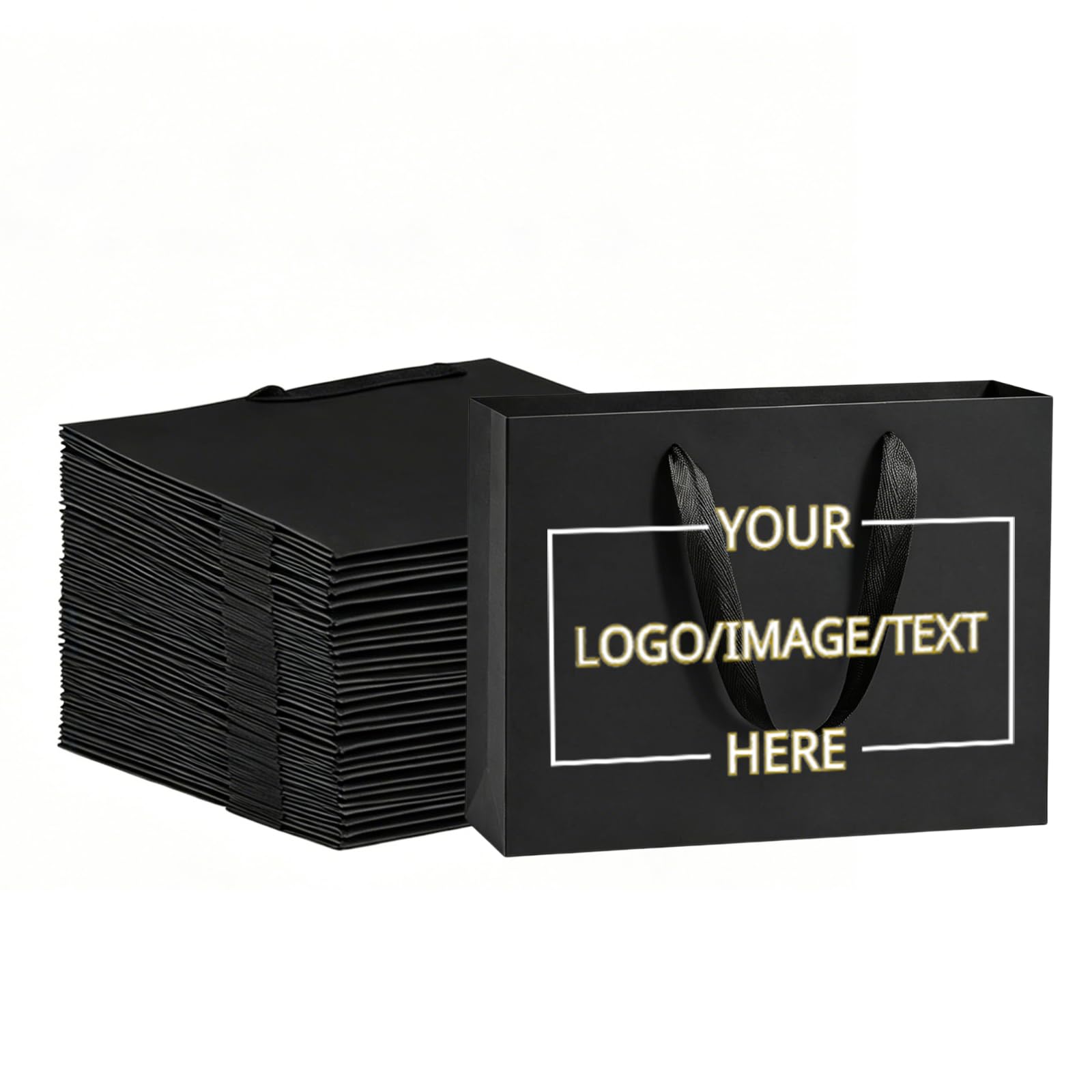 Personalised Black Gift Bags, 10-500 Pack Custom Photo/Logo/Text Retail Bags for Boutique, Recyable Kraft Gift Bags with Handle Bulk for Business Craft Grocery Wedding Favor Party (15x6x20cm)