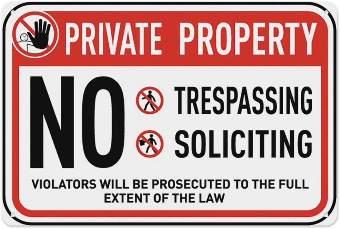 No Trespassing Soliciting Metal Tin Sign Aluminum Warning Signs For Indoor & Outdoor Yard Lawn Sign Home Decor 8x12 inch