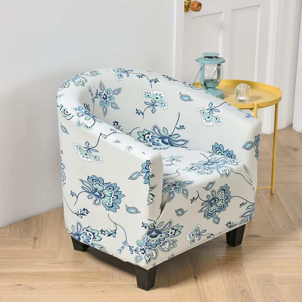 Stretch Armchair Slipcovers Tub Chair Cover for Armchairs Flower Printing Stretch Slipcover Spandex Sofa Cover Removable Washable Furniture Protector Covers for Club Tub Chairs (Blue Flower)