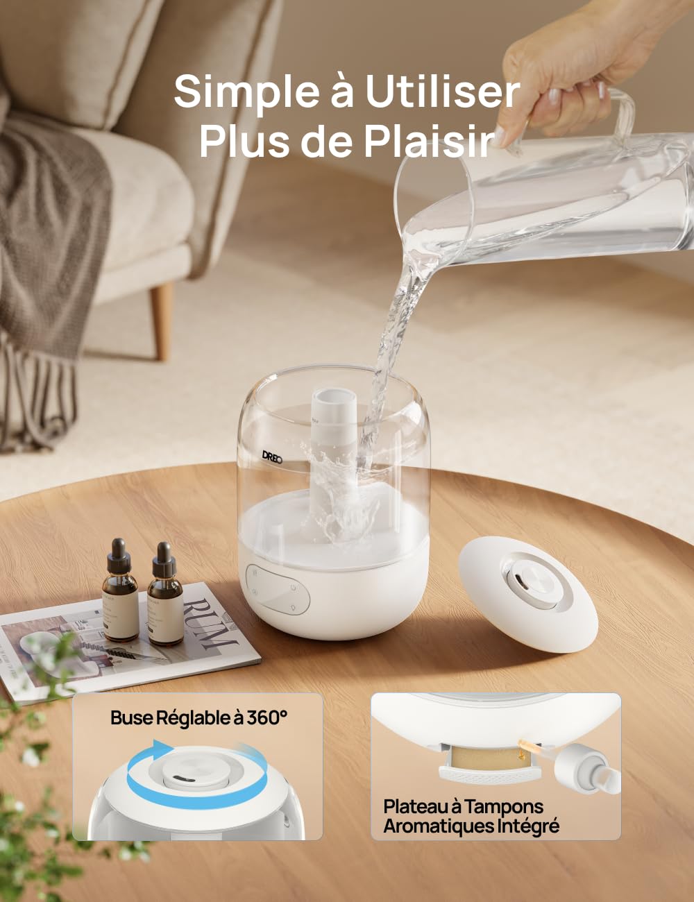 DREO Humidificateur d'air pour chambre à coucher, brume fraîche pour la maison et les grandes pièces, humidificateur silencieux pour bébé, veilleuse, diffuseur essentiel, humidificateur à ultrasons