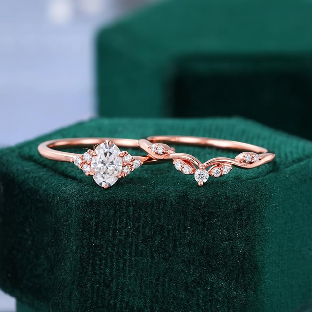 Moissanite Bridal Set for Women 1 CT Oval Cut Moissanite Engagement Ring with Marquise Curved Wedding Band Colorless VVS1 925 Sterling Silver/10K 14K Solid Gold Promise Ring Set Ring Size 4-14