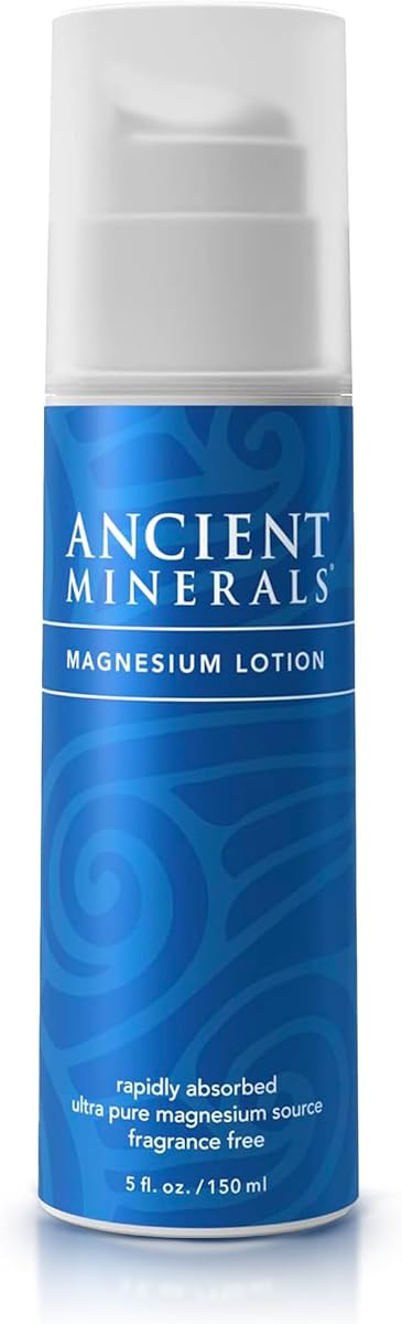 Ancient Minerals Magnesium Cream Lotion, Zechstein Chloride, 5oz | Magnesium chloride cream with shea butter, organic oils & hyaluronic acid. Non-greasy body lotion for skin hydration. 5 oz.
