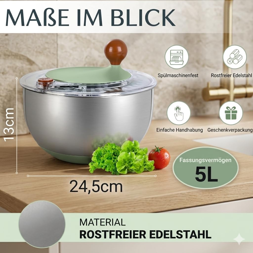 Salatschleuder Edelstahl 5L – Groß mit Kurbelantrieb, rutschfestem Boden & Ausgussfunktion – Spülmaschinenfest, BPA-frei – Salatschleuder Groß für Familien & Gemüse