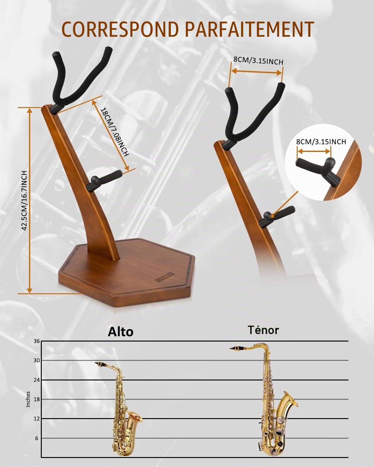 STRICH Support de saxophone alto/ténor fait à la main en bois massif, couleur noyer, base lourde lestée (FH-4, sax)