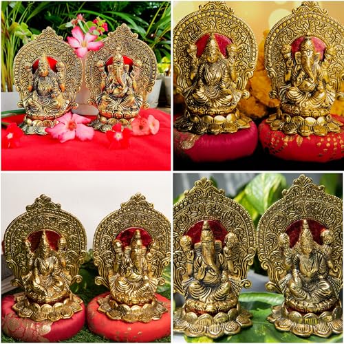 Estatua de Lakshmi y Ganesh en flor de loto decorativa miniatura 3