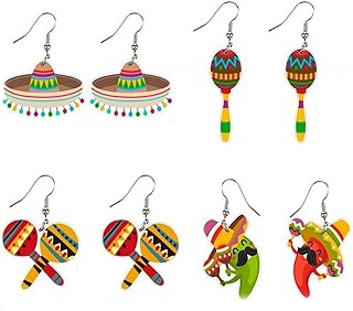 4Pairs Cinco De Mayo Piñata Sombrero Maracas Chili Pepper Racket Horse Hat Avocado Cactus Drop Dangle Earring Set for Women Acrylic Mexican Themed Statement Earring Fiesta Jewelry Gift