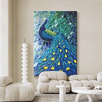 Amazon｜手描きクジャク油絵絵画テクスチャーキャンバスウォール