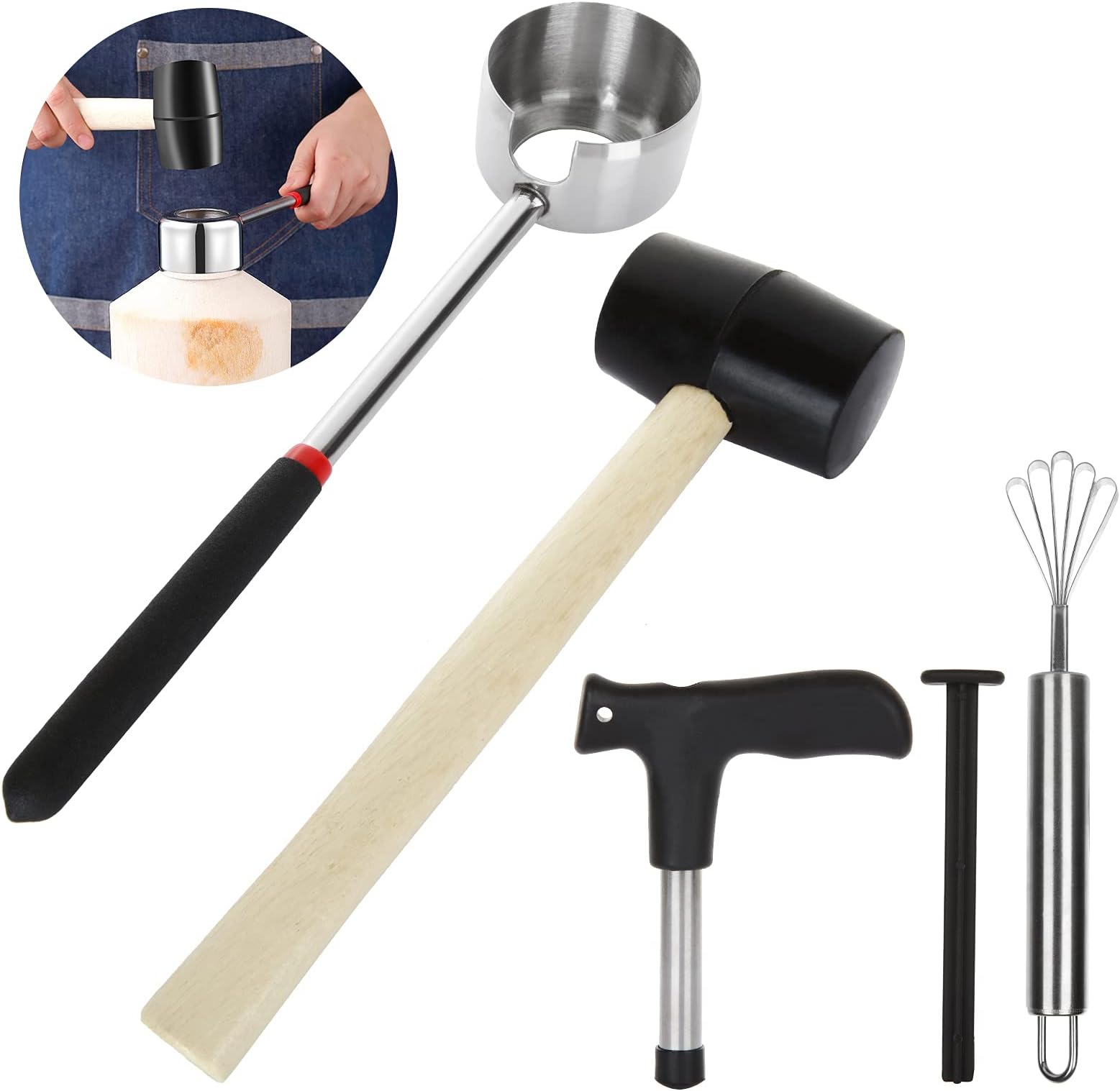 FengWu Coconut Opener Tool Set Food Grade Stainless Steel Coconut Opener Kit for Young Coconut Coco Jack Opener Kit with Stainless Steel Scraper, Coconut Hole Maker Puncher, Rubber Hammer (4pcs)