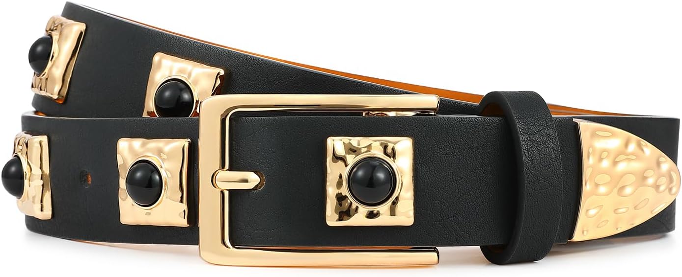 Black Belt for Women Fashionable Gold Buckle with Gold Metal Accents Casual Style for Jeans and Dresses