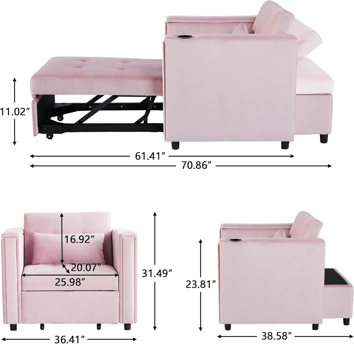AVZEAR 4-in-1 Convertible Sleeper Single Sofa Chair, Multi-Functional Sofa Bed with Adjustable Backrest, Modern Velvet Sleeper Bed for Living Room Small Space, Pink