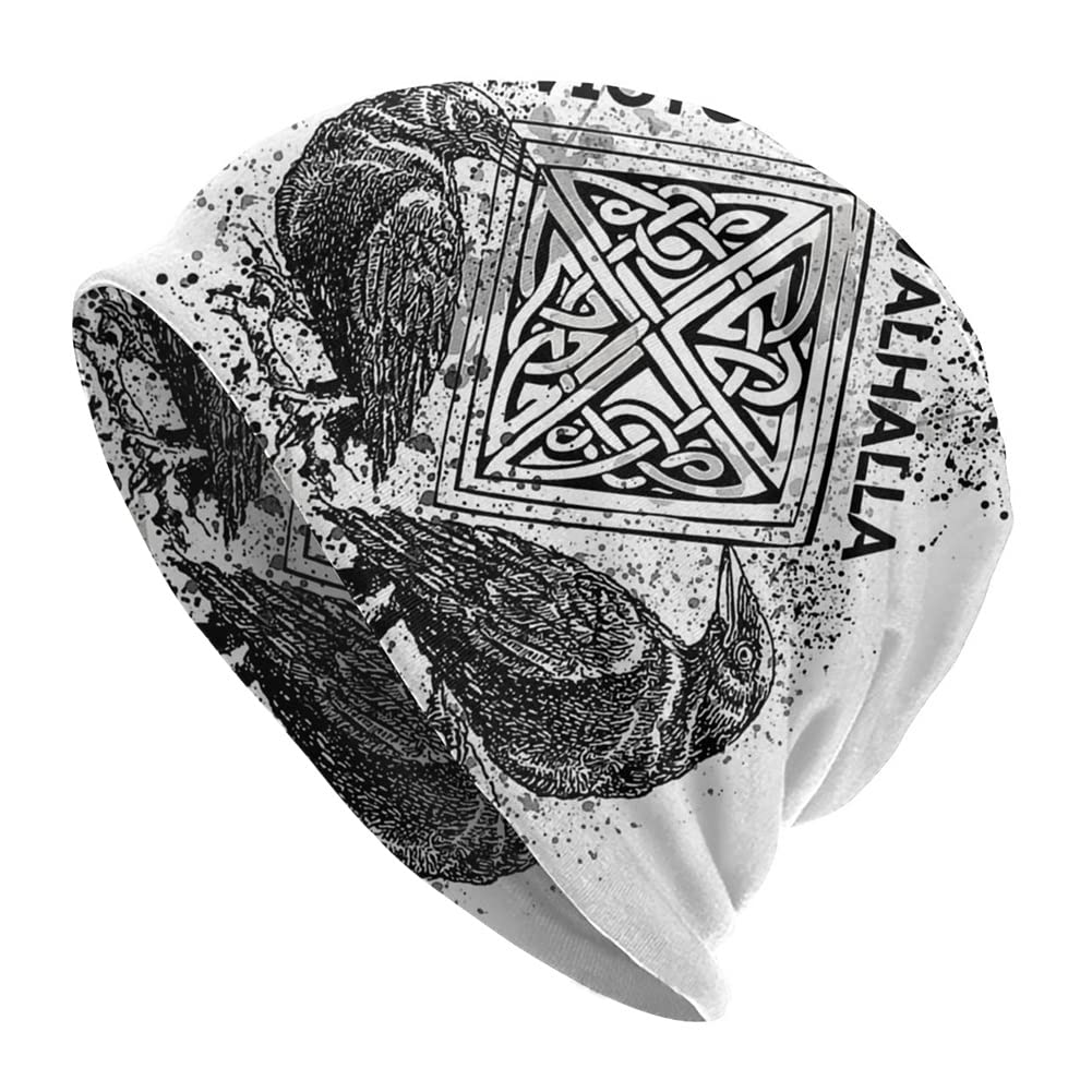Viking Raven Printed Beanies Caps for Men Women - Norse Mythology Celtic Knot Crow Totem Elastic Bonnet Hats