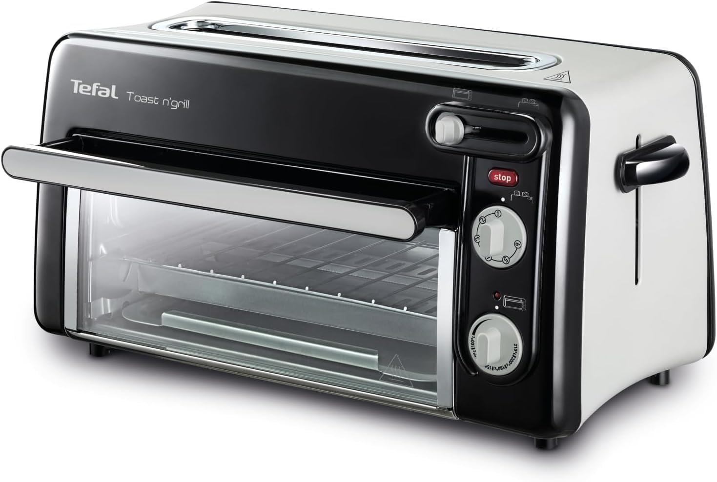 Tefal Tostadora y minihorno 2 en 1 de acero inoxidable negro, Ranura larga, con tapa, Calentamiento de cuarzo, 6 niveles, Temperatura del grill hasta 210°C, Bandeja recogemigas extraíble, TL6008