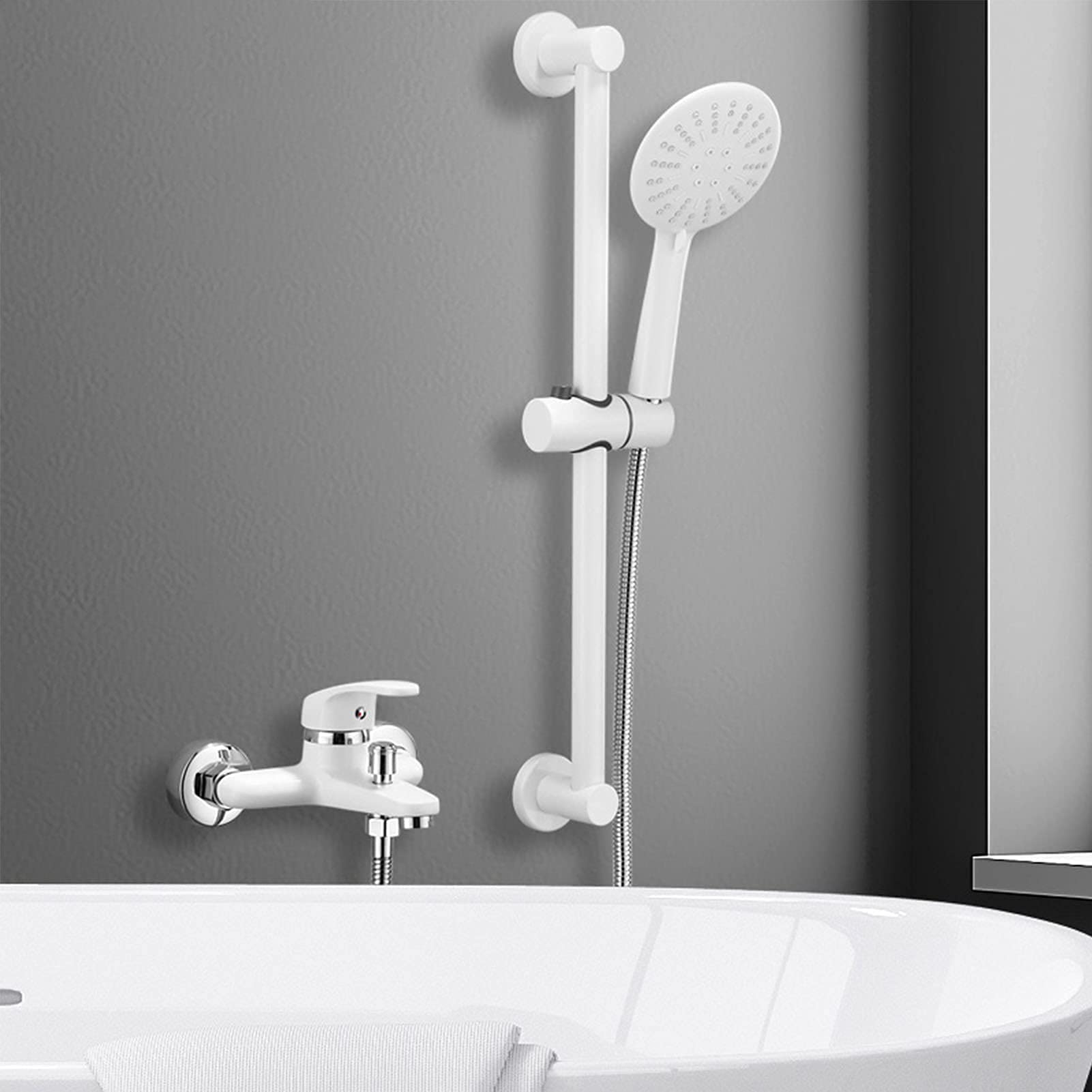 Robinet de baignoire à poignée unique blanche avec kit douchette et barre réglable