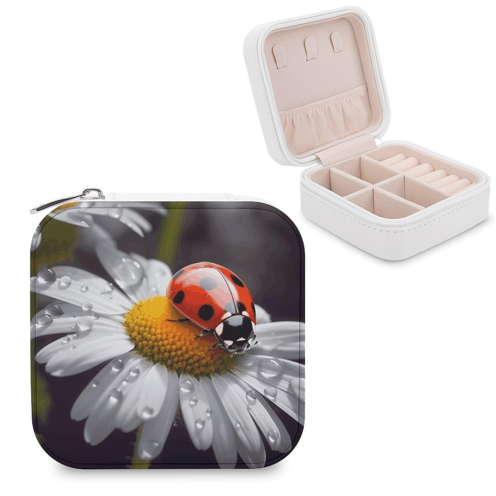VstaDank Ladybug on Daisy Flower Jewelry Box Exquisite Leather Jewelry Organizer Portable Trinket Organizer Fashion Travel Jewelry Case for Rings Earrings Necklaces Unique Gifts for Women
