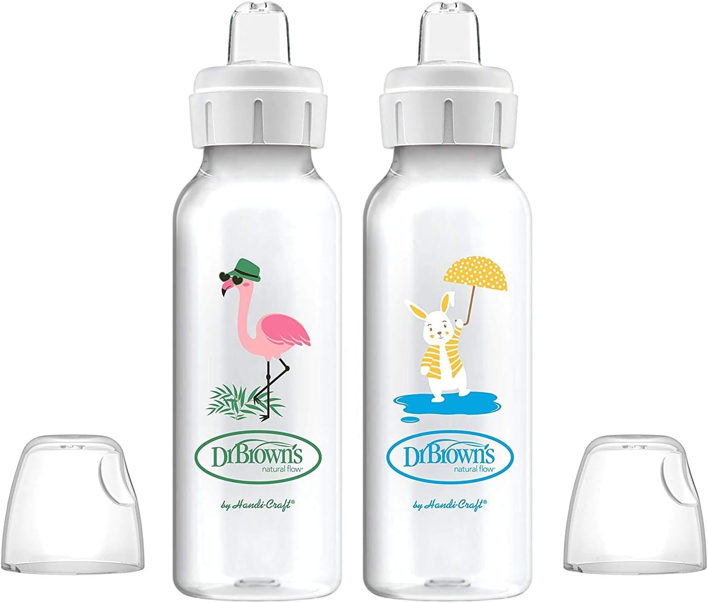Milestones Narrow Sippy Bottle, 100% Silicone Soft Sippy Spout, 8oz/250mL, Flamingo & Bunny, 6m+