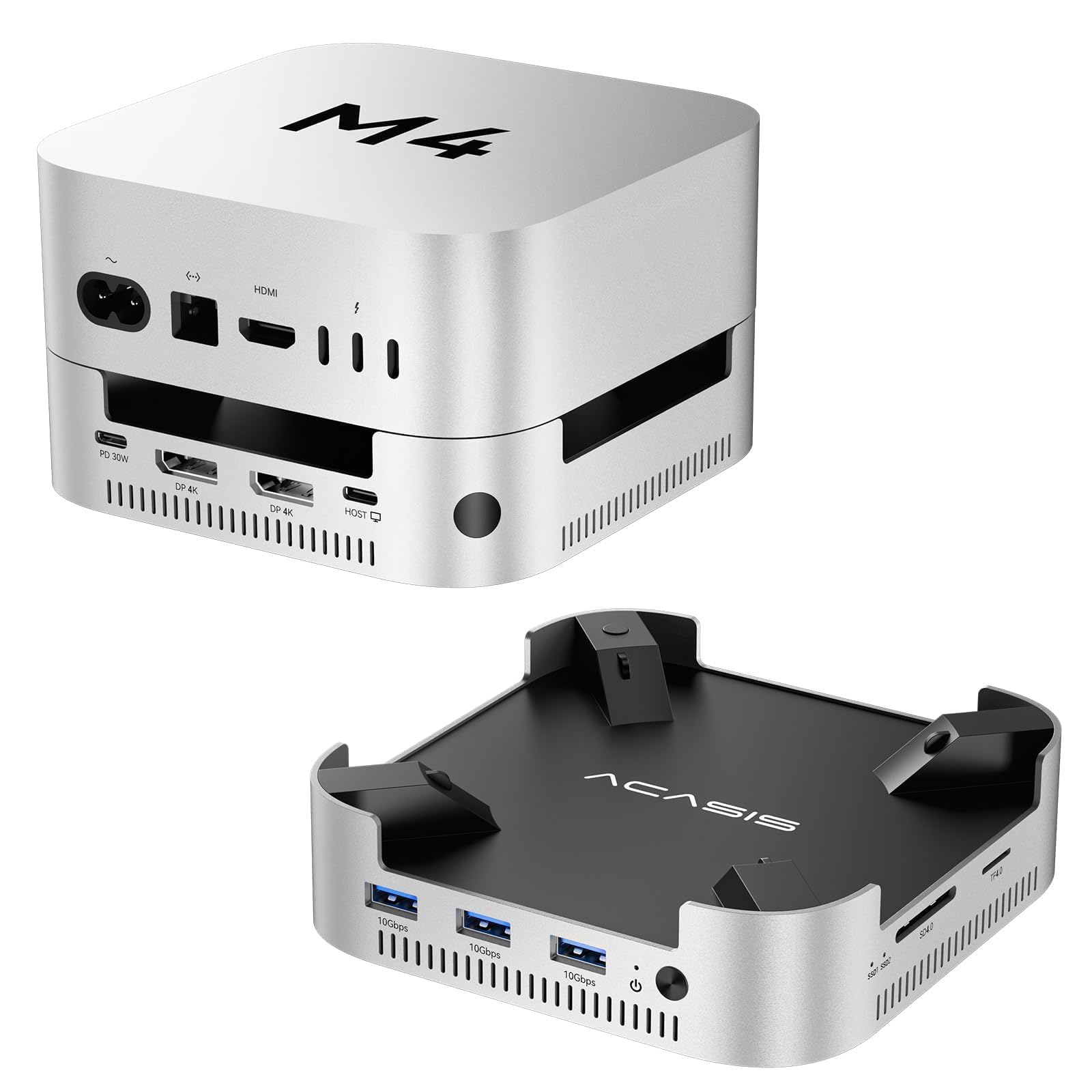 ACASIS 40Gbps Mac mini M4 Docking Station con Dual-Bay SSD Case M.2 NVME | Hub USB C 2 x DP 4K60Hz, 3x USB-A 10Gbps, PD 30W, SD/TF 4.0, Doppia Ventola, Alluminio, per M4/M4 Pro