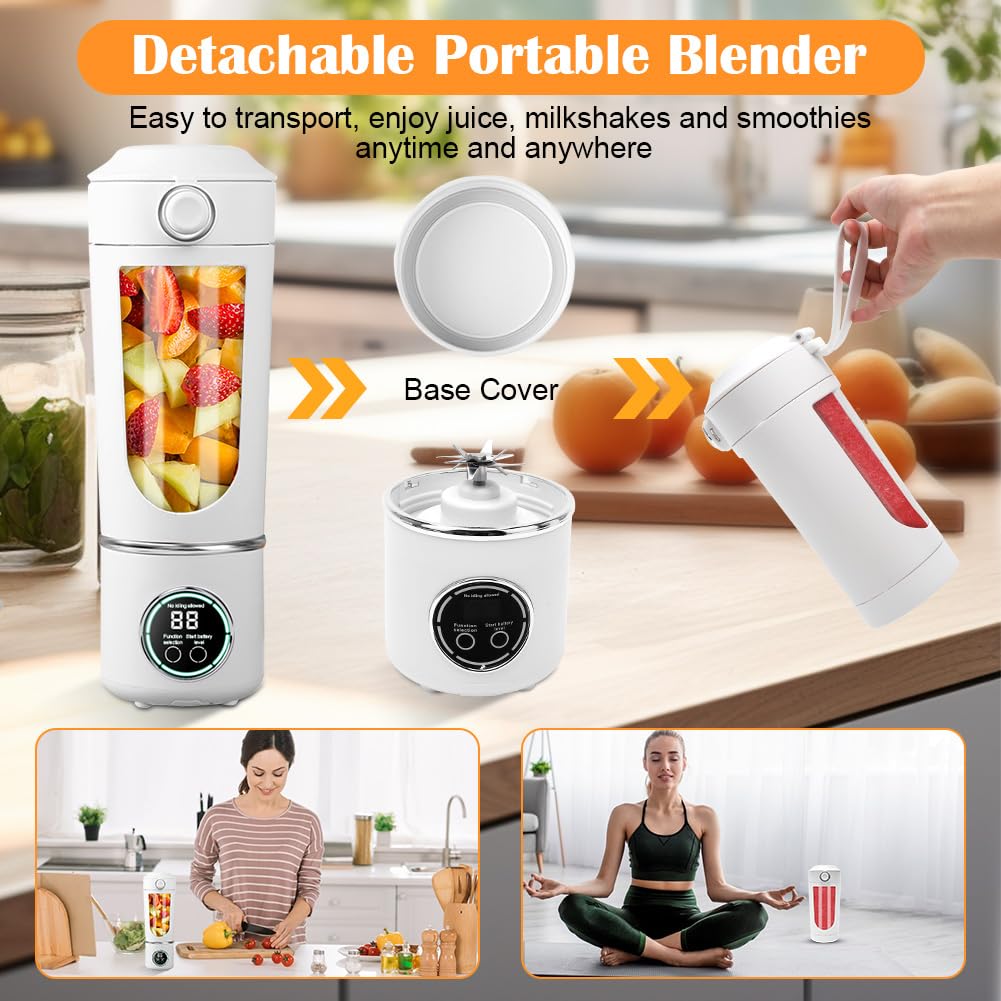 Tragbarer Mixer, 700 ml kleiner Smoothie Mixer, Mini-Standmixer mit 12 Edelstahlklingen und Digitalanzeige, BPA-freie, USB Wiederaufladbarer Mini Standmixer für Smoothie, Saft, Milchshake (Weiß)