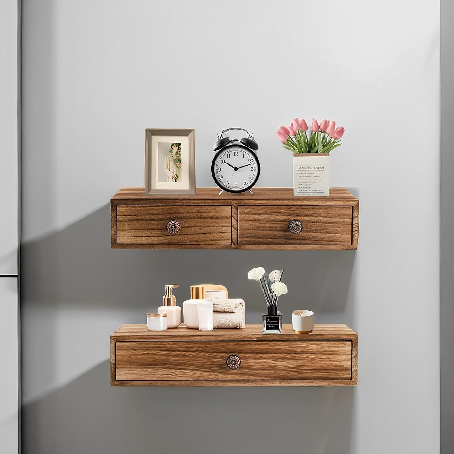 VASIL MART Floating Nightstand with Drawer Wood Floating Wall Mounted Drawers Floating Shelf with Drawer for Living Room, Bedroom, Storage, Displaynightstand bedside shelf set of 2 vintage.(walnut)-image-8