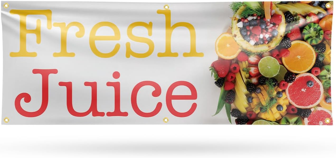 Fresh Juice Banner Sign 18 Inch x 48 Inch | 13 oz Vinyl with Metal Grommets | Heavy-Duty Single-Sided Outdoor Durable Printed High-Quality Weatherproof | Made in the USA