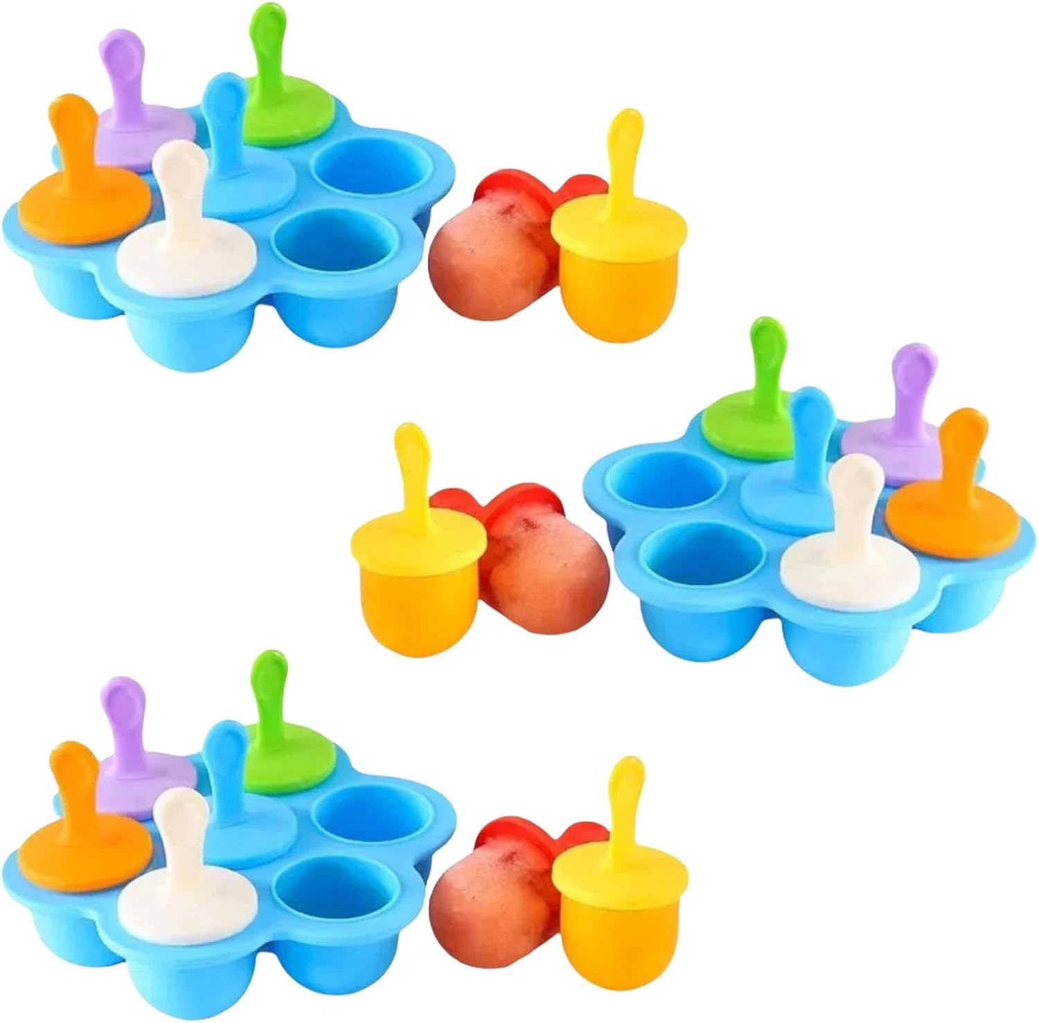 Popsicle Mold 7-Cavity Silicone Ice Cream Mold Diy Fruit Shake Maker Handles Tray Family Fun-3Sets