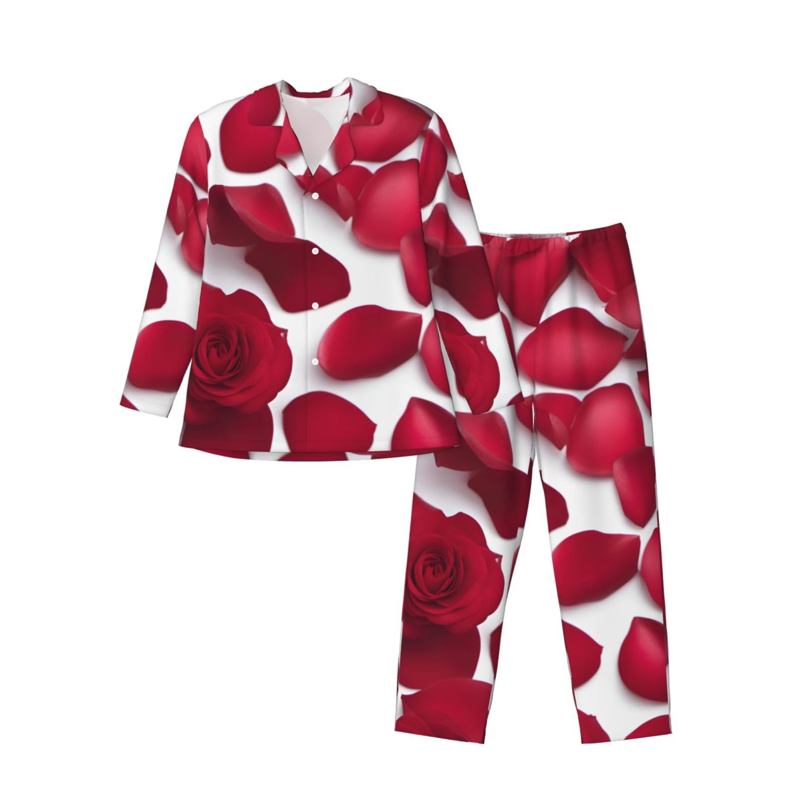 Set pigiama a maniche lunghe da uomo con stampa di petali di rosa rossa, abbigliamento da casa traspirante e accogliente per il fine settimana