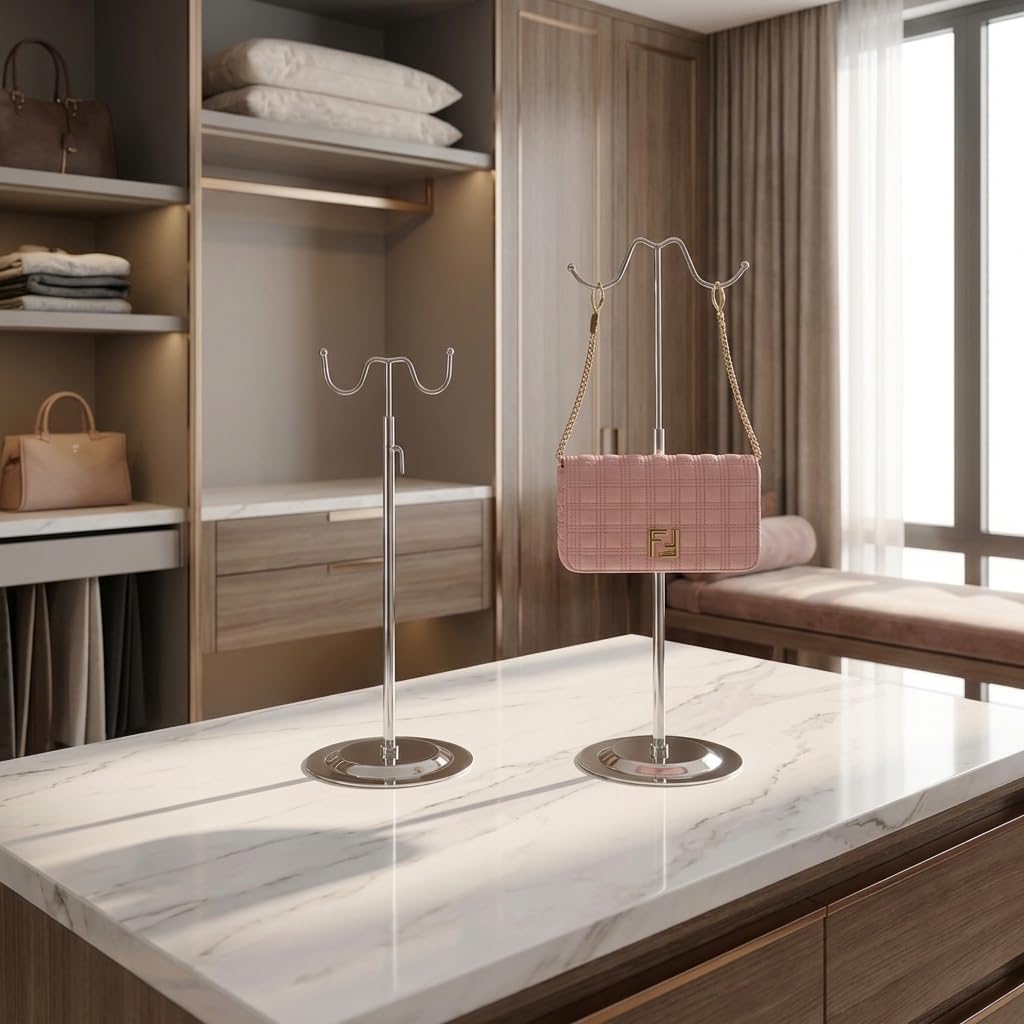 Double Hook Adjustable Chrome Countertop Display Stand, Handbag Purse Hanger, Metal Retail Rack