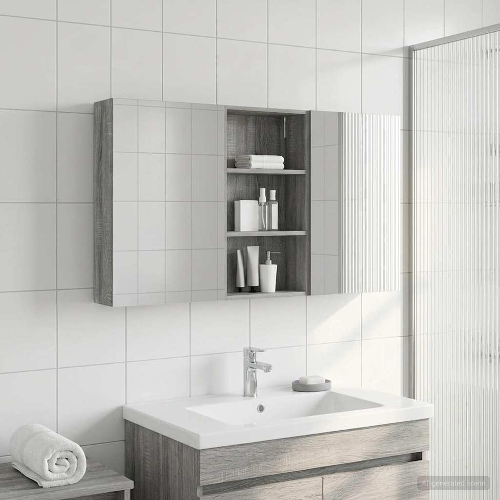 3-częściowy zestaw szafek łazienkowych 140 x 14,5 x 70 cm, materiał drewnopochodny z oświetleniem LED i dwukierunkowym lustrem, montowana na ścianie, dużo miejsca do przechowywania, nowoczesny