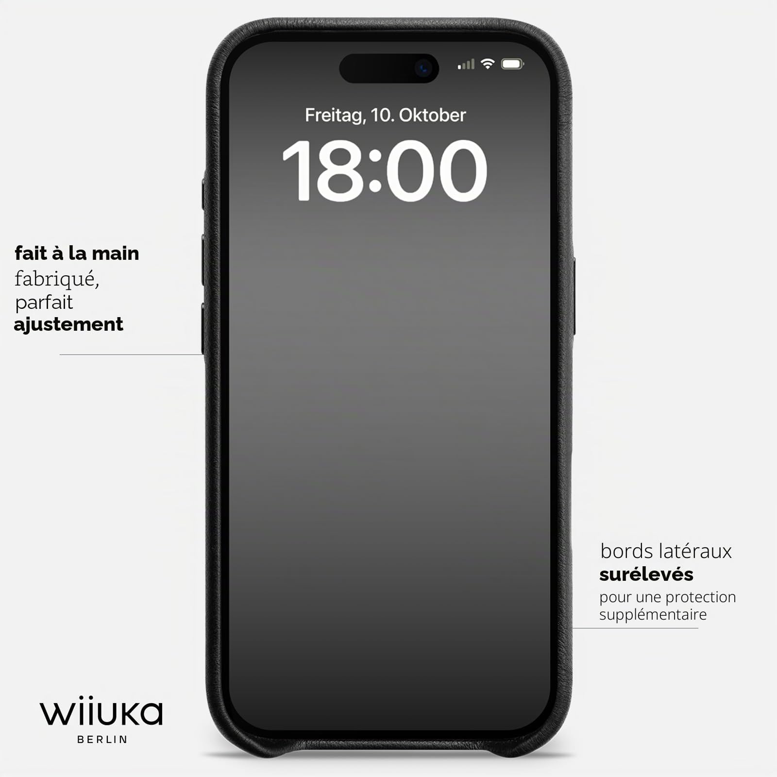 WIIUKA Étui pour iPhone 17 Pro, cuir fabriqué en Allemagne, étui en cuir ultra fin, étui premium, Qi, skiin, Noir