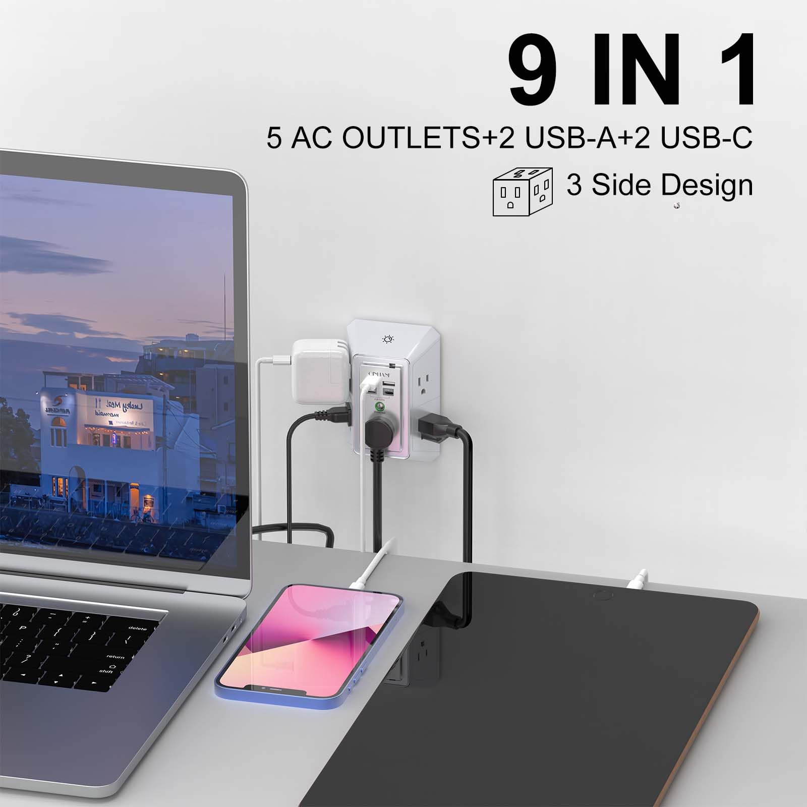 3-seitige Überspannungsschutz-Steckdosenleiste – QINLIANF Mehrfachsteckdose mit 5 Steckdosenverlängerungen und 4 USB-Ports (2 USB-C) und Nachtlicht, USB-Wandladegerät für Zuhause, Büro, Reisen