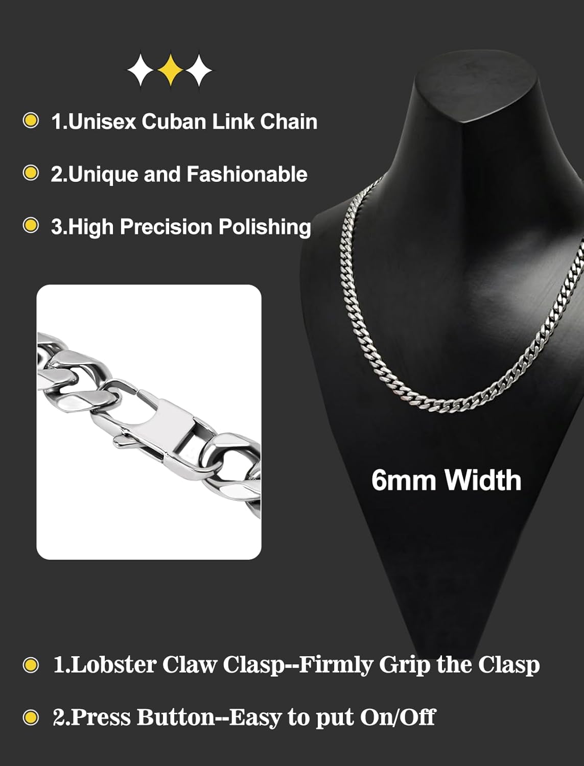 Mens Neckalce Cuban Link Chain for Men Stainless Steel, Thin/Chunky 3/6/9/12mm Width 18" 20" 22" 24" 26" 28" 30" Length, Hip Hop Punk Young Ado Fine Polished Lobster Clasp - Image 4