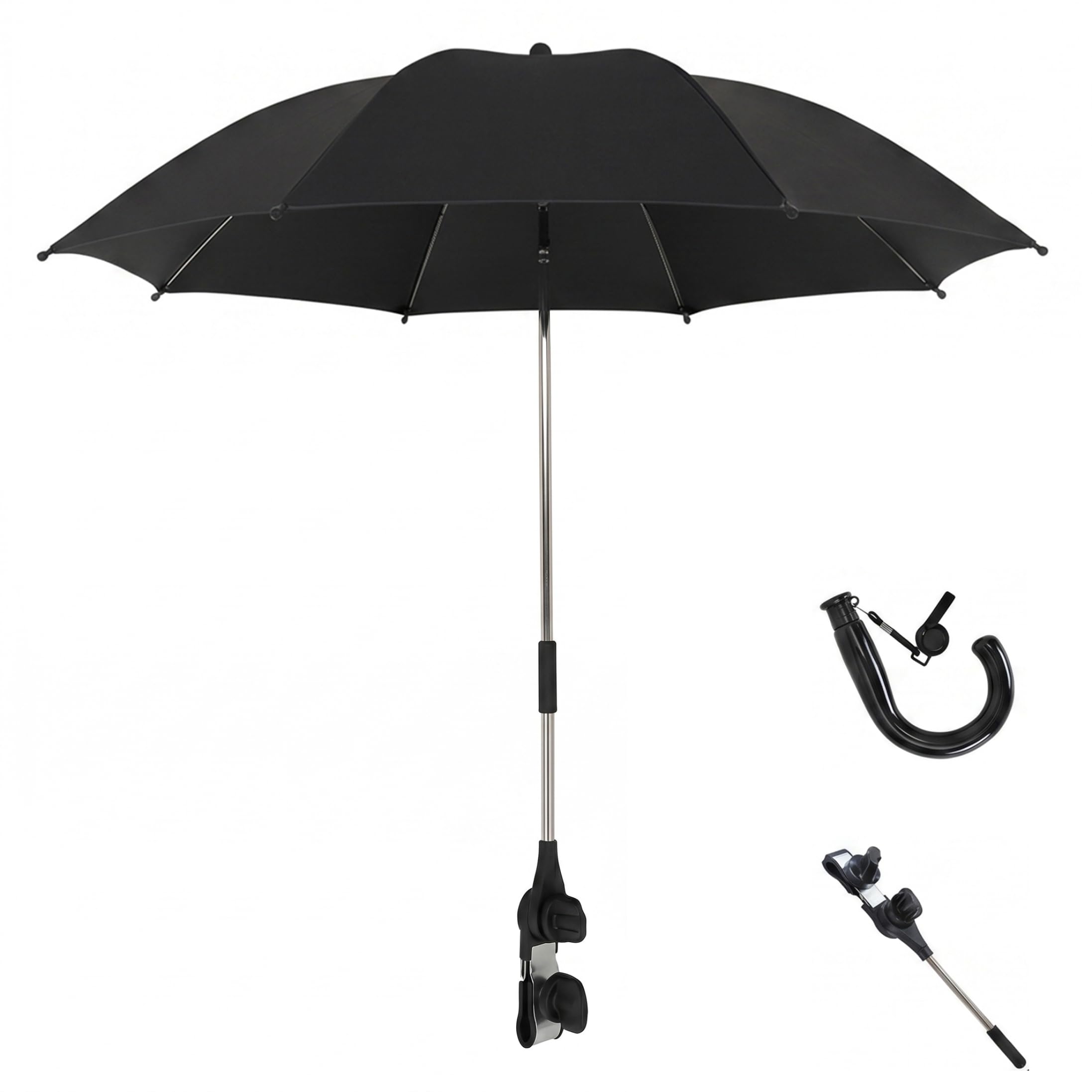 Syutokul Stroller Umbrella Attachment, 360-degree Adjustable Clip On Umbrella with UPF 50+ Black Vinyl Sun Protection, Detachable Shade Accessory, Black