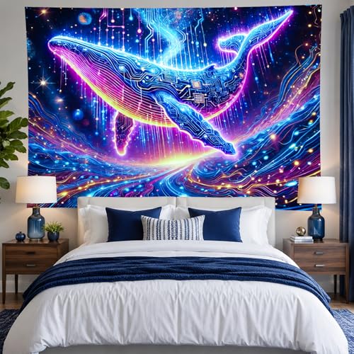 Image of BlissYard Whale Circuit Blacklight Tapestry 78x59 Inch Futuristic Ocean Animal Blacklight Tapestry Glow in The Dark Wall Hanging Neon Whale Decor for Bedroom Living Room Dorm Party Art