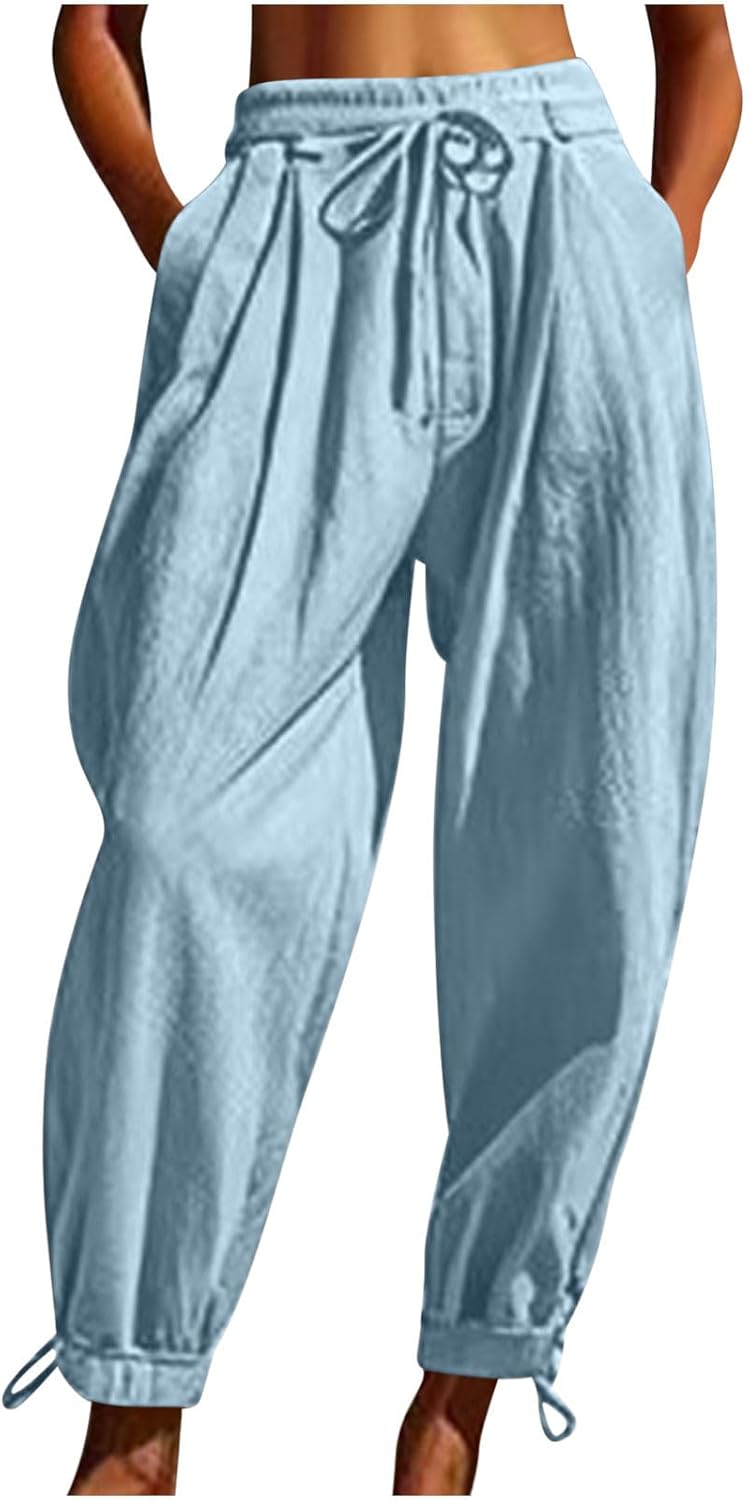 Women Cotton Baggy Palazzo Harem Pants Drawstring High Waist Vacation Beach Trousers Trendy Casual Lounge Pants - Image 3