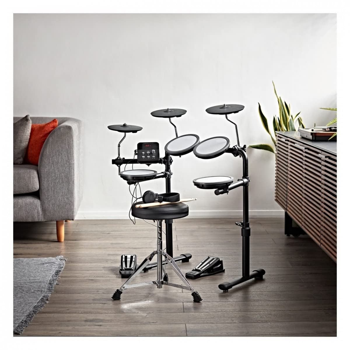 VISIONDRUM Batería Electrónica Niños y Adulto, 7 Pads en Malla, Negro | Kit de Batería Eléctrica, Altura Regulable, Diseño Plegable, Auriculares, Taburete y Baquetas Incluidos