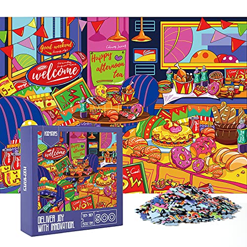 HXMARS Jigsaw Puzzles 500 Pieces for Adults Kids,Afternoon Tea Jigsaw Puzzle,Donuts Hamburger French Fries Challenge Puzzle