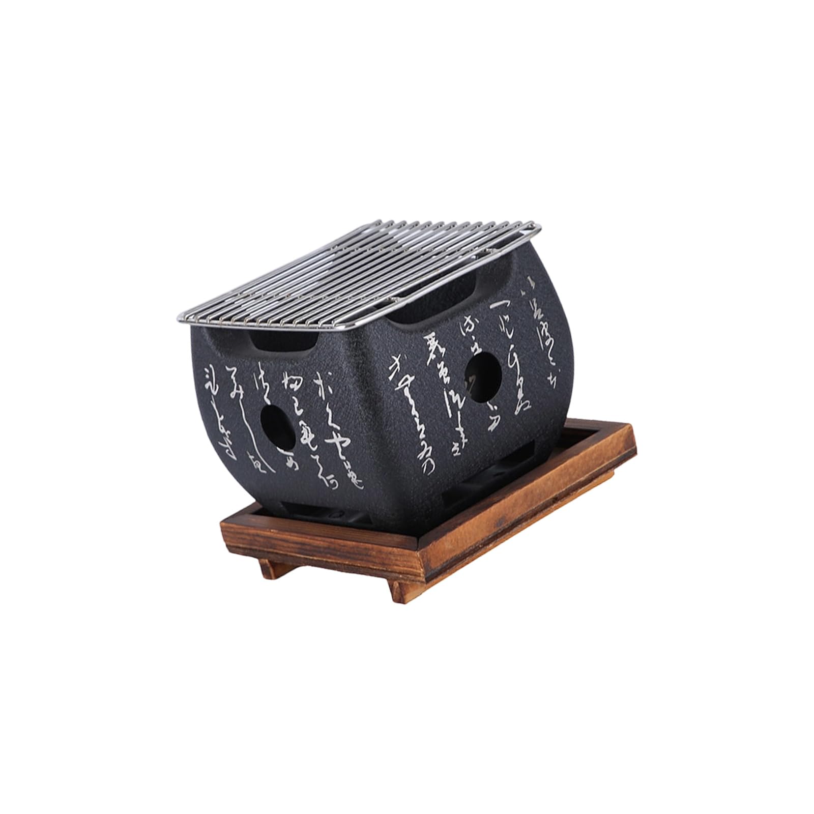 hogtnd Japanese Style Engraved Aluminium BBQ Grills with Stainless Steel Grill Grids and Heat-resistant Wooden Base Simple Barbecue Equipment