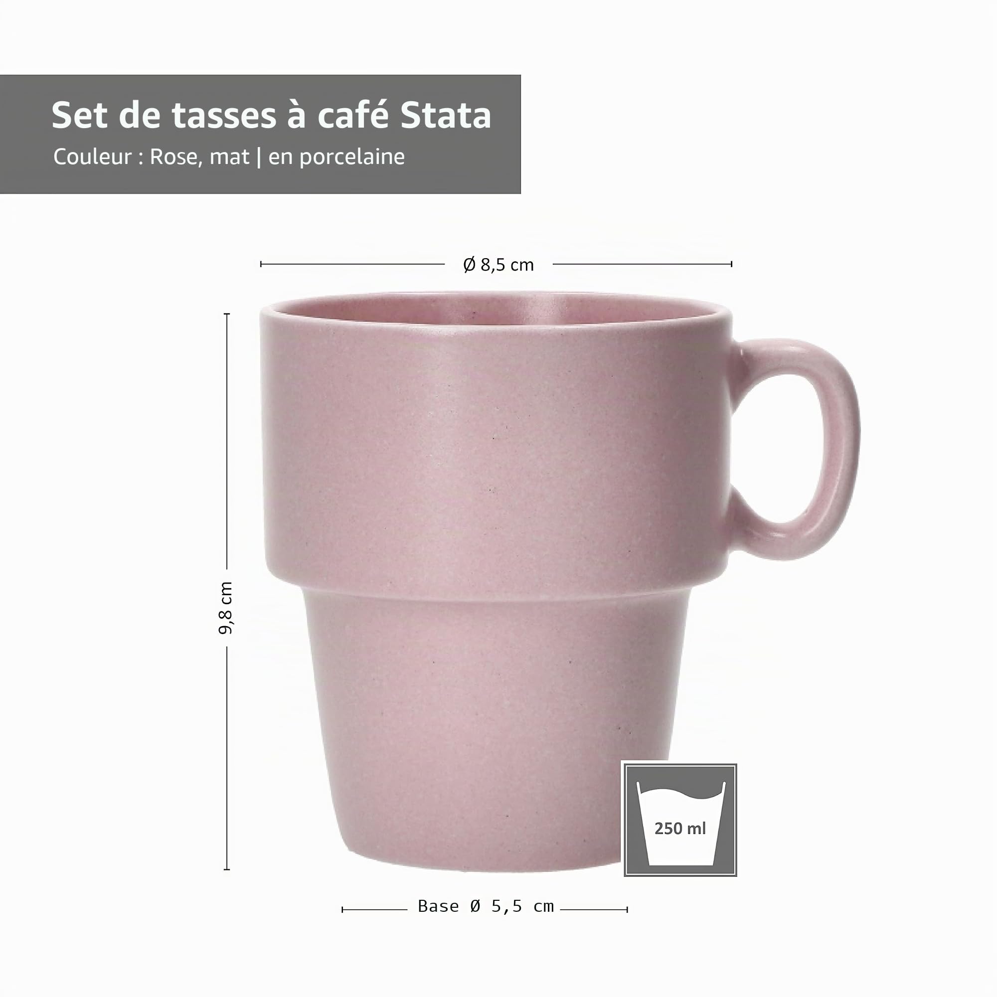 MamboCat Stata Lot de 6 tasses à café roses empilables en porcelaine I 250 ml I anse pour café, thé, cacao, cappuccino et latte macchiato