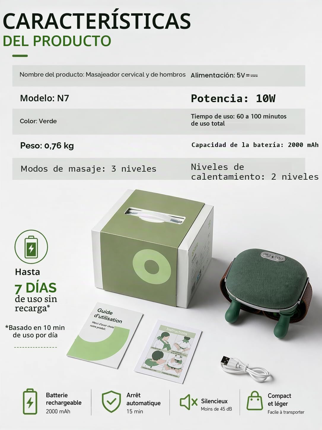 Masajeador Cervical y Hombros Eléctricos - Masaje Profundo 3 Niveles + Calor 2 Niveles - Inalámbrico Recargable 2000mAh - Dispositivo de Masaje Portátil Cuello, Espalda, Piernas
