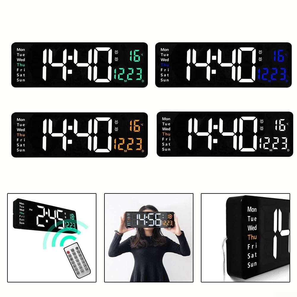 Grande sveglia digitale a LED da parete con calendario e visualizzazione della temperatura, luminosità regolabile a 10 livelli, telecomando, formato 12/24 ore, decorazione per interni per