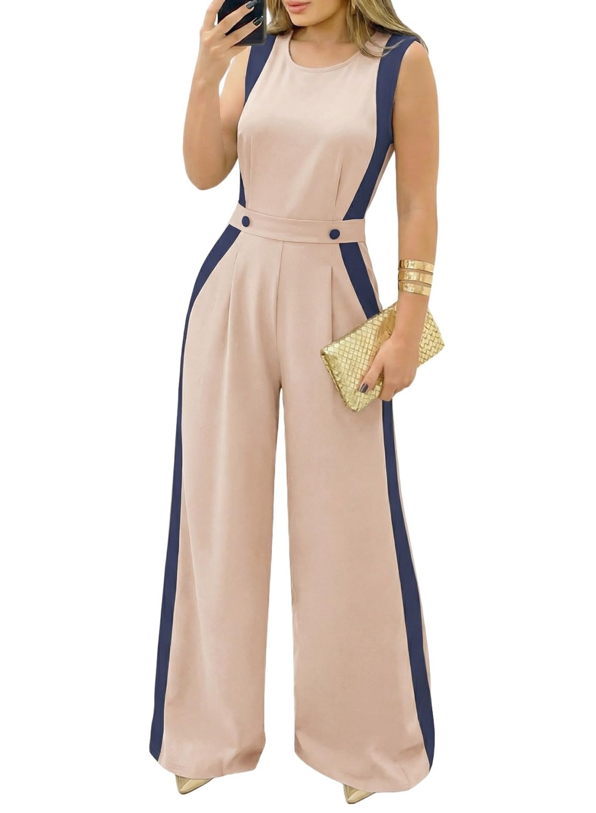 Jumpsuits for Women Dressy Colorblock Sleeveless Wide Leg Rompers Summer Party Elegant Outfits-image-3