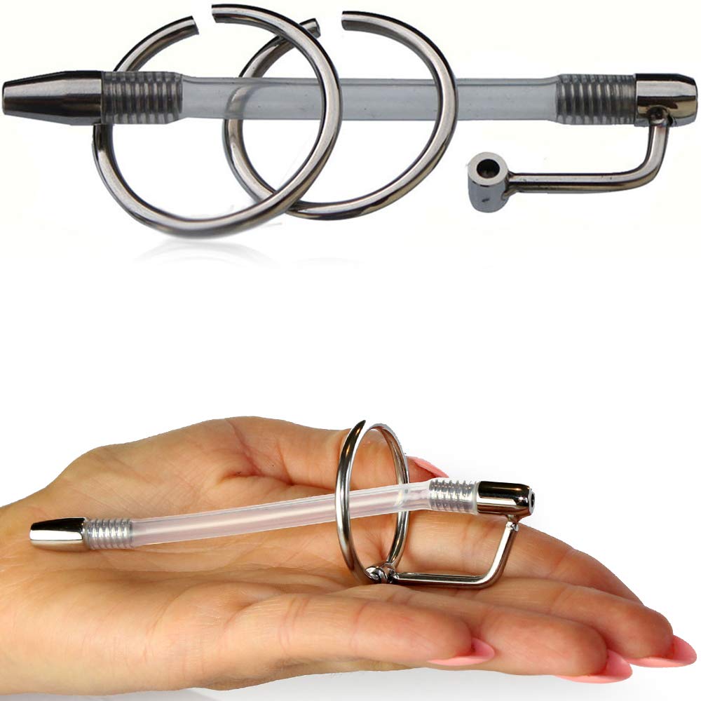 FOPS Dilatatore Uretrale Maschile 12 cm Ø0,6-0,75 cm in Acciaio Inox e Silicone con 2 Anelli Ø2,5-3,1 cm - Sonda Uretrale Plug Pene per Sounding BDSM Principianti e Esperti N16-14