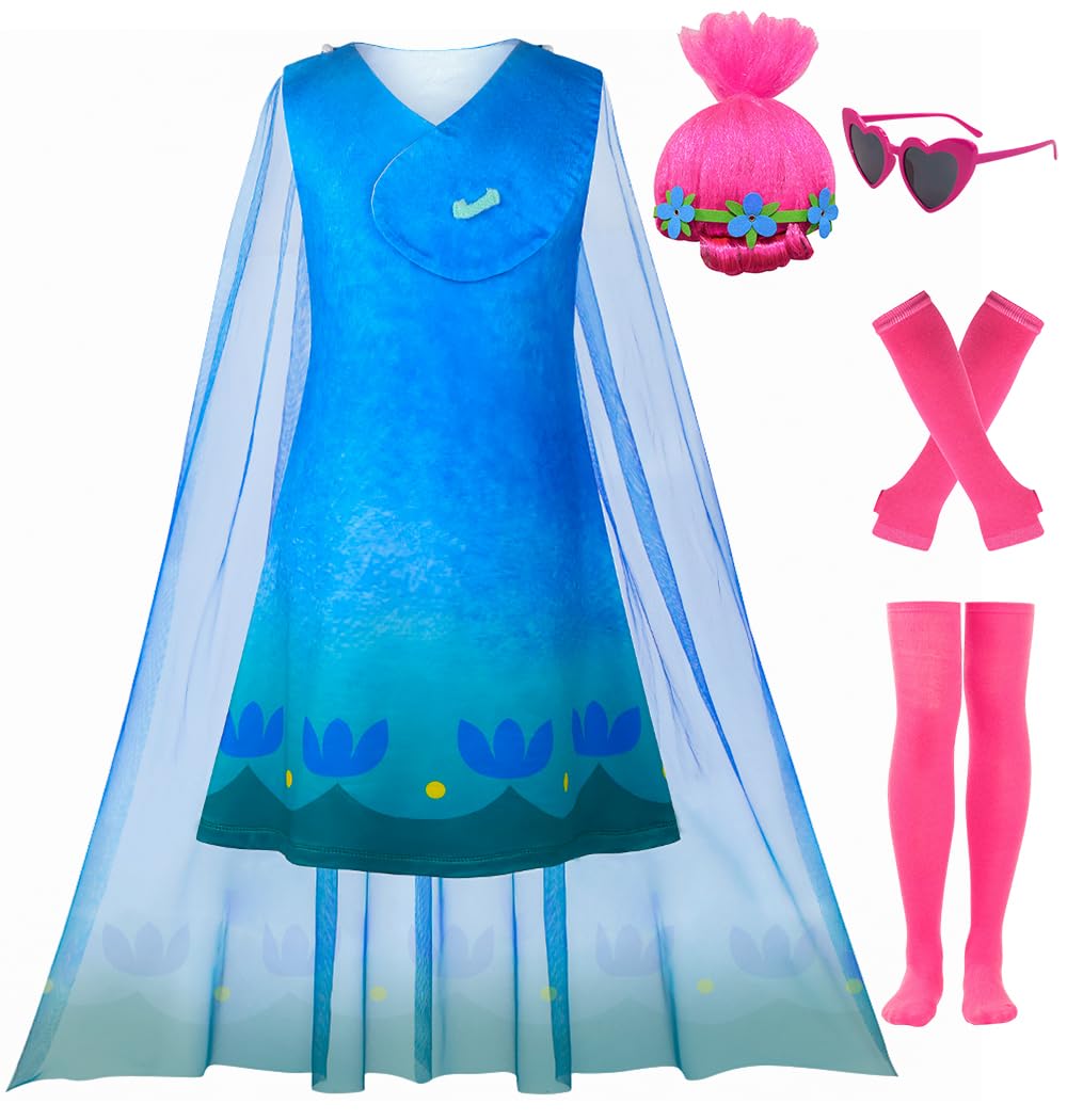LZH Poppy Costume Dress For Girls Kids Cospaly Poppy Princess Halloween Dress Up With Wigs Glasses Gloves Socks