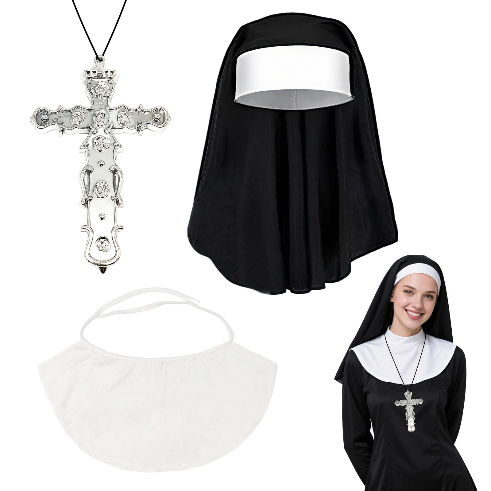 FUIPVGI 3 piezas de disfraces de monja de Halloween para mujer, incluye tocado de monja negra, collar cruzado, accesorios de cuello, disfraces de monjas para Halloween, accesorios de cosplay