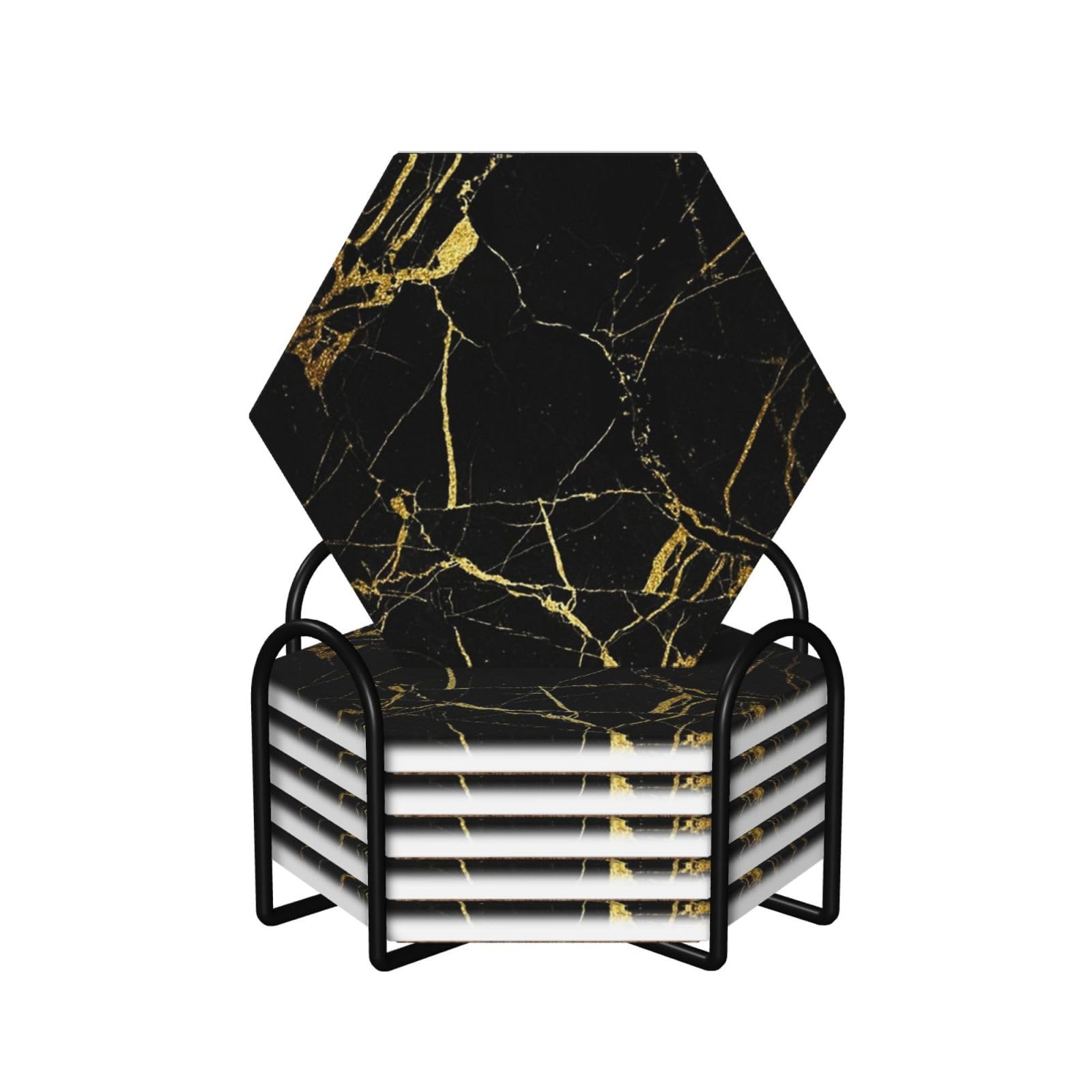 WKSGDSG Ceramic Coaster Set Of 6, Black Gold Marble Hexagon Coasters For Drinks With Cork Base And Metal Holder Absorbent Anti Slip Coasters For Coffee Table Room Bar Home Decor Housewarming Gifts