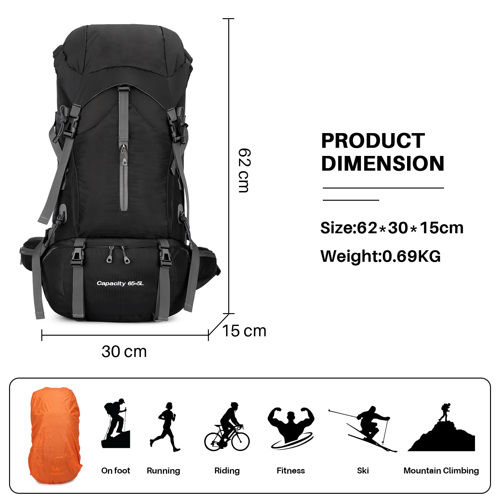 OKYUK 70L Hiking Backpack, Camping Hiking Back Pack, Water Resistant Lightweight Mountain Climbing Bag, Outdoor Camping Sport Daypack with Rain Cover, for Travel, Touring, Cycling (Black, 70L)